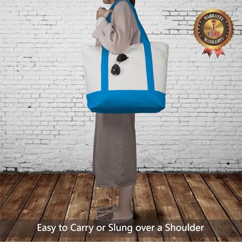 TOPDesign 1-Pack Canvas Tote Bag with an External Pocket, Reusable Grocery Shopping Bag, Top Zipper Closure, Daily Essentials (Ocean Blue/Natural) - color: Ocean Blue/Natural