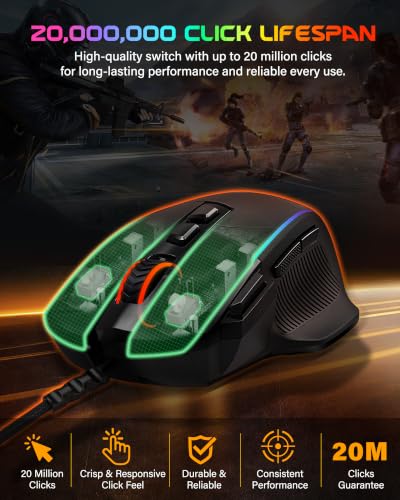 X49 Wired Computer Gaming Mouse,Rapid Fire Key,12K Sensor,Native 12400 DPI | 1ms Quick Response,20M Click Lifespan,105g Lightweight,RGB Backlit, 5.9Ft USB A Corded Gamer Mice, Ergonomic PC Maus,Black