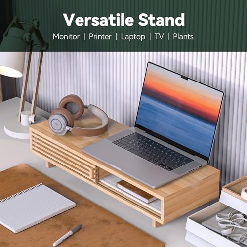 25" Monitor Stand with Sliding Doors Desk Shelf Bamboo | Computer Monitor Riser Shelf for 47-55 Inch Desk Aesthetic Workplace Computer Setup Desktop Organizer Easy Assembly