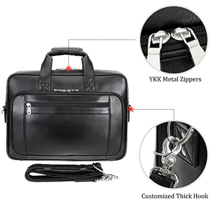 Men's Solid Thick Full Grain Leather 17.3" Laptop Briefcase Classic Messenger Bag Fit Business Travel | Solid - color: Black
