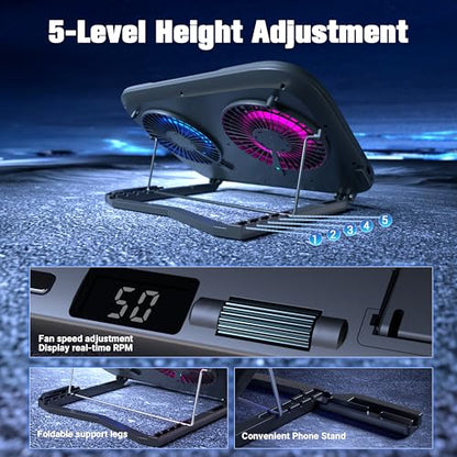 Dual-Core TEC Laptop Cooling Pad with Dual Stepless-Quiet Fans, 5-Height Adjustable Laptop Cooling Stand, 10-Level RGB for 13-17 Inch Laptops, Includes 15W Charger, Smoky Black