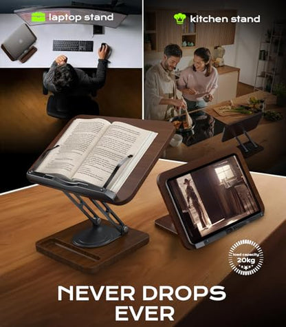 Book Stand for Reading, Adjustable Book Holder, 360° Rotating Bases with Pen Slot, Ergonomic Cookbook Stand Recipe Book Holder with Elastic Page Clips for Magazines, Tablets, Laptops - color: Brown