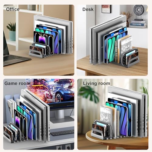 10-Slot Vertical Laptop Stand & Holder – Adjustable Aluminum Laptop Stand Vertical for Desk Fits 10 Devices, MacBook & Gaming Laptops (Up to 17.3”) – Space Saving Laptop Storage Rack - Grey - size: 10 - Slot