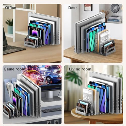 10-Slot Vertical Laptop Stand & Holder – Adjustable Aluminum Laptop Stand Vertical for Desk Fits 10 Devices, MacBook & Gaming Laptops (Up to 17.3”) – Space Saving Laptop Storage Rack - Grey - size: 10 - Slot
