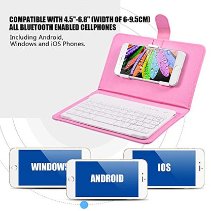 Portable Bluetooth Keyboard with Leather Case Cover with for 4.5''-6.8'' iOS, Android and Windows Smart Phones, Detachable with Kickstand - color: Pink