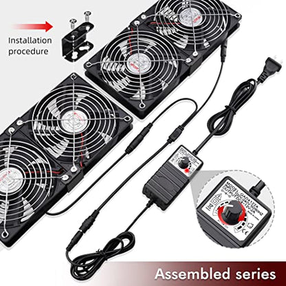 Wathai 4 x 120mm GPU Mining Rigs Server Racks Fan with 110V - 240V AC Plug | Dual Ball Fans Cooling with Variable Speed Control for Big Airflow for AV Cabinets, TVs Routers. Amplifier, Refrigerator cool - style: 4x120mm fan
