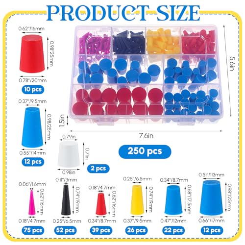 Briwooody 250 Pcs Rubber Plugs 9-Sizes Silicone Tapered Plug Kit 1/15" to 1" Stoppers for Coating, Hole, Painting Protection Silicone Stopper