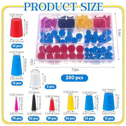 Briwooody 250 Pcs Rubber Plugs 9-Sizes Silicone Tapered Plug Kit 1/15" to 1" Stoppers for Coating, Hole, Painting Protection Silicone Stopper