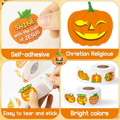 Haooryx Halloween Religious Sticker Rolls - 1000Pcs Religious Theme Pumpkin Bible Verse Stickers Self Adhesive Waterproof Vinyl Water Bottle Page Activity Pad Fall Halloween Party Favor Greeting Card - style: Religious Halloween Pumpkin 2Roll