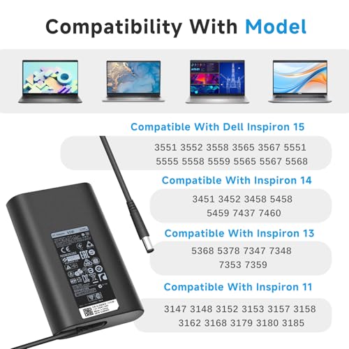 65W 45W 4.5mm Round Tip Slim Curved Laptop Charger Compatible with Dell Inspiron 15 14 13 17 3000 5000 7000, Vostro 14 15, Latitude 3490 3590, 19.5V 3.34A AC Adapter, Small Barrel Connector