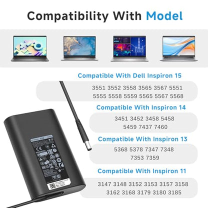 65W 45W 4.5mm Round Tip Slim Curved Laptop Charger Compatible with Dell Inspiron 15 14 13 17 3000 5000 7000, Vostro 14 15, Latitude 3490 3590, 19.5V 3.34A AC Adapter, Small Barrel Connector