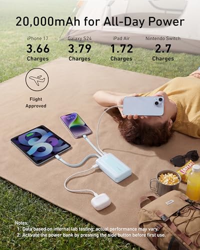 Anker Power Bank,20,000mAh 30W Portable Charger,USB-C and Lightning Cables - color: White