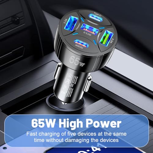 Super Fast Charging USB-C Car Charger Adapter, 65W 5-in-1 Multi-Port PD30W & QC3.0 Cigarette Lighter USB Charger for iPhone/Android/Samsung/iPad Pro (Black) - color: Black