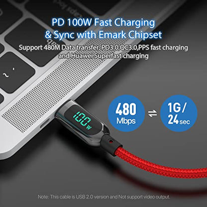 SOOPII 100W USB C to USB C Cable,[4ft,2-Pack],Nylon Braided Fast Charging Cable with LED Display for lPhone 15/15 Pro/15 Plus,lPad Air,MacBook Pro, Galaxy S24/S23(Red) - color: Red, size: 1.2M 2Pack - 100W