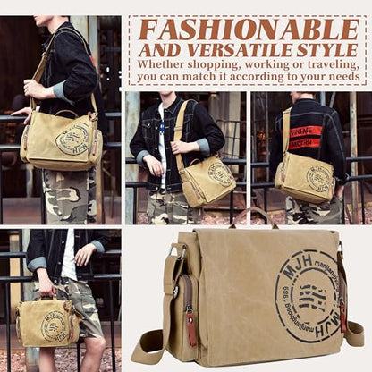 FSD.WG Satchel Messenger Bag for Men Canvas,Travel Shoulder bag 13.5" Laptop Bags - color: Khaki