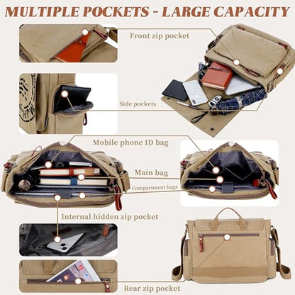 FSD.WG Satchel Messenger Bag for Men Canvas,Travel Shoulder bag 13.5" Laptop Bags - color: Khaki