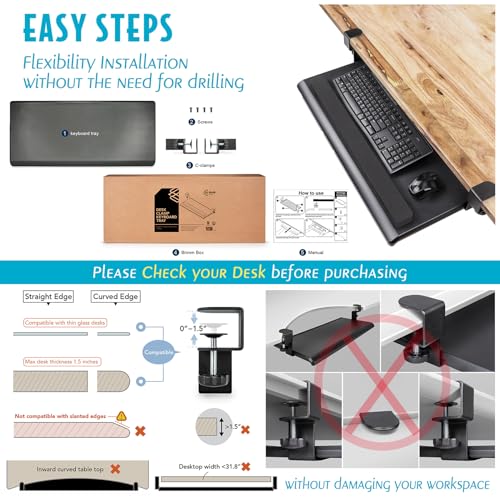 EHO Large Ergonomic C-Clamp Keyboard Tray Mount Under Desk with Wrist Rest, Slide-Out Platform 27.5" (31.8" Including Clamps) x 12.5", Pull Out Keyboard & Mouse Tray for Home or Office, Black - size: 27.5 inch, style: Keyboard and mouse tray platform with