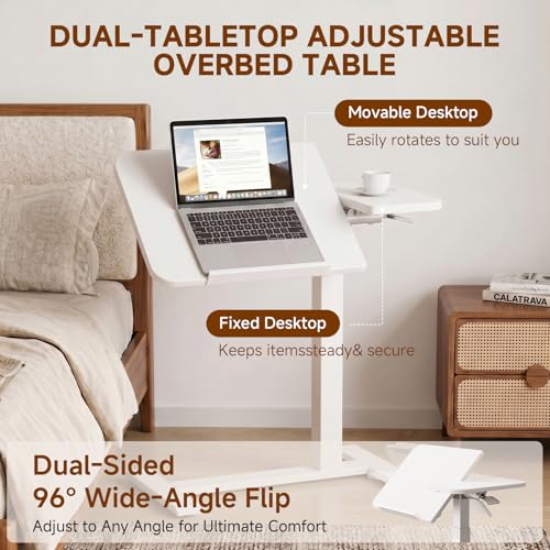 GTPLAYER Pneumatic Adjustable Standing Desk, 28 Inch Tiltable Mobile Rolling Laptop Table with Wheels, Overbed Bedside Table Computer Workstation for Home Office, White - color: White