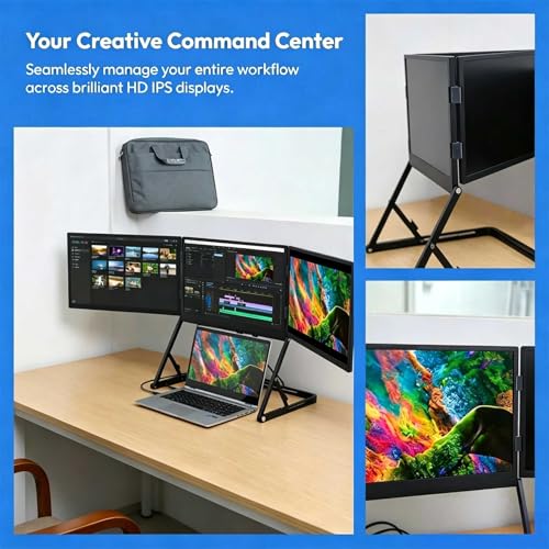 14'' Triple Portable Monitor Laptop Screen Extender | 1920x1200 IPS Foldable 3-Screen Extender, Quad Screen Monitor Workstation for 13-17 Inch Laptop, USB-C & Mini H/D Interface - size: 14 Inch