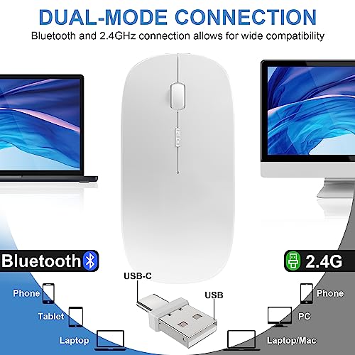 Bluetooth Wireless Mouse for MacBook Air Mac Pro Laptop Computer iPad Pad PC Laser Optical Rechargeable Mini Slim Silent Mouse Widely Used Desktop Hp iMac (White) - color: White