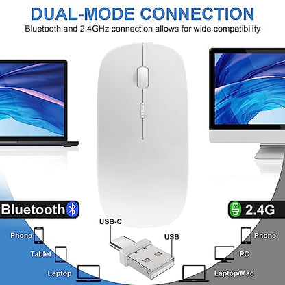 Bluetooth Wireless Mouse for MacBook Air Mac Pro Laptop Computer iPad Pad PC Laser Optical Rechargeable Mini Slim Silent Mouse Widely Used Desktop Hp iMac (White) - color: White