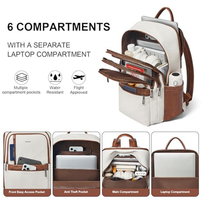 17 inch Leather Laptop Backpack for Women, Large Travel Backpack with 6 Compartments, Computer Backpack Purse for Work College - color: Beige