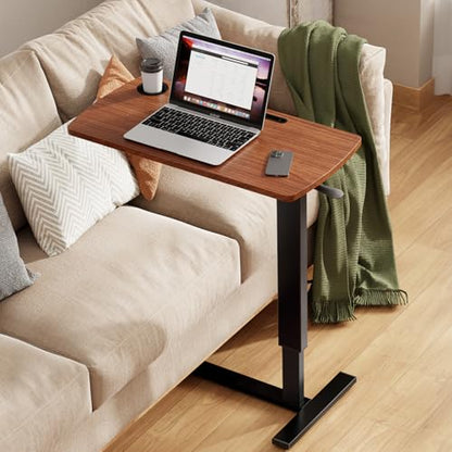 Foldable Overbed Table with Wheels, Pneumatic Adjustable Overbed Bedside Table, Mobile Standing Desk, Hospital Bed Tables Over The Bed, Rolling Laptop Desk with Casters for Home Office - color: Brown
