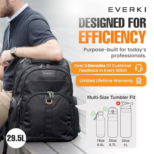 EVERKI Atlas Business Backpack with Laptop Compartment, Black - 29.5 Liters | Polyester, Durable, Adjustable Padded Pockets, Business, Travel - Friendly & Work, Water Repellent, Fits up 11\" to 15.6\" - size: 29.5 Liters