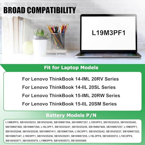 L19M3PF1 Laptop Battery Replacement for Lenovo ThinkBook 14-IML 20RV 14-IIL 20SL 15-IML 20RW 15-IIL Series Notebook L19C3PF1 L19D3PF1 L19L3PF1 L19M3PF2 L19C3PF9 L19M3PF9 L19L3PF8 L19D3PF2 - size: 8.05*4.91*0.39inch L19M3PF1