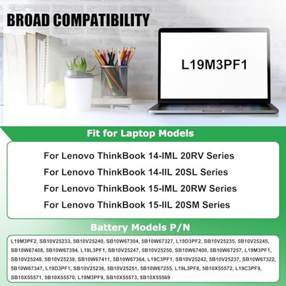 L19M3PF1 Laptop Battery Replacement for Lenovo ThinkBook 14-IML 20RV 14-IIL 20SL 15-IML 20RW 15-IIL Series Notebook L19C3PF1 L19D3PF1 L19L3PF1 L19M3PF2 L19C3PF9 L19M3PF9 L19L3PF8 L19D3PF2 - size: 8.05*4.91*0.39inch L19M3PF1