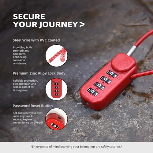 Small Combo Lock, Padlock Combination Luggage Locks with Code, 4 Digit Dail 5 in Cable, for Suitcase, Gym Locker, Backpack, Bag Zipper, Gun Case, Box, Outdoor Fence, Travel Safe Candados - color: Red+Gray