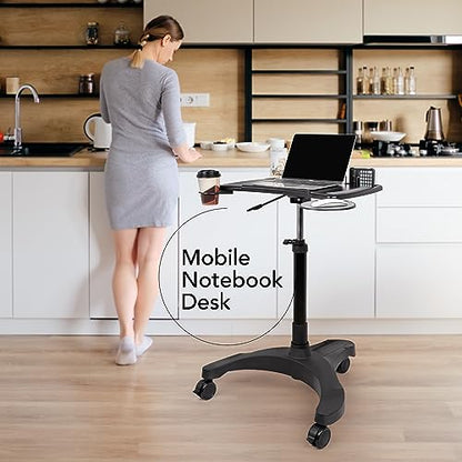 EHO Mobile Laptop Standing Desk Carts on Wheels with Stationery Storage, Pneumatic, Height Adjustable Rolling Stand, Sit to Stand Computer Cart, Workstation for Home, Office, Medical and School - style: Pro Desk