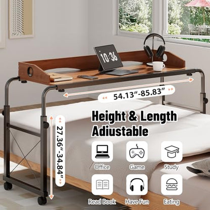 Overbed Table with Wheels, Adjustable Queen Size Bed Desk, Oaken | Fits Twin To King Beds, Adjustable Height & Length Rolling Over Bed Table For Hospital and Home, with 4 Locking Casters - color: Oaken