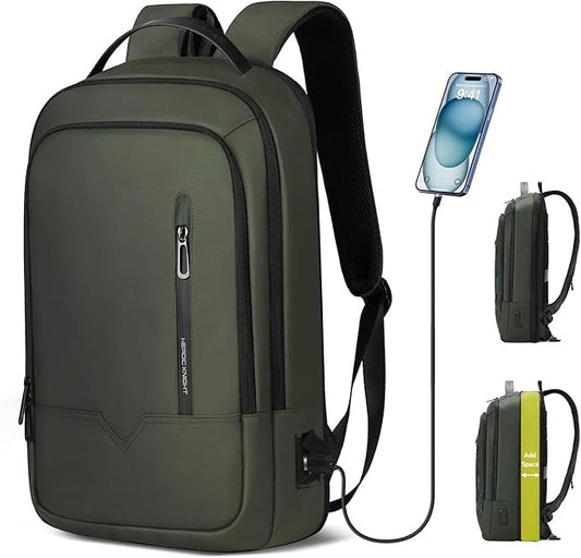 hk Expandable Backpack for Men Smart Business Backpack for 15.6 Inch Laptop | with USB Charging Port WaterResistant Antitheft Lightweight Computer Laptop Bag for Office College Commute Travel Work - color: Green