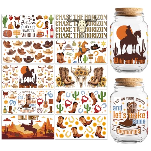 Peacoblue UV DTF Cup Wraps Transfer Stickers Western Cowboys Pattern, 10 Sheets Waterproof Custom Vinyl Transfer Sticker 16oz Coffee Glass Cup Tumbler Bottle Mug Decals for Men Women - style: Western Cowboys