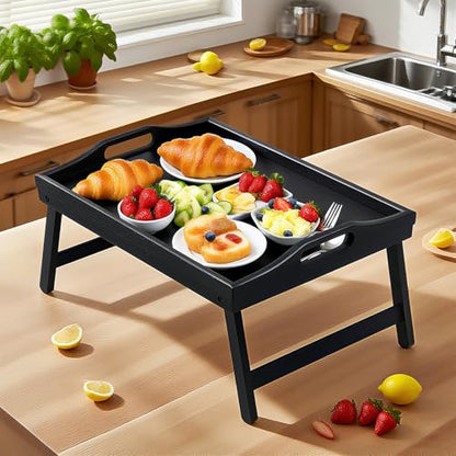 Bamboo Breakfast Tray Table with Folding Legs for Bed Table Sofa - Eating & Laptop Tray Bamboo with Folding Legs (Black) - color: Black