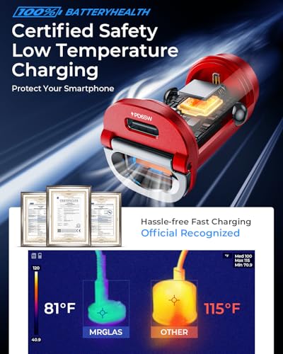 MRGLAS【Upgraded】 125W USB C Car Charger Super Fast Charging for iPhone 17 | [PD65W & QC60W][All Metal] Cigarette Lighter Car Charger,Dual Port for iPhone 16 15 Pro iPad Samsung S25 S24 MacBook-Red - color: Red
