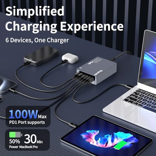 220W USB C Charger Block, 6-Port GaN USB C Charging Station PD 100W PC Laptop Fast Charger Adapter Compatible with iPhone 17, Galaxy 25, MacBook,ipad and More Devices(Gray)