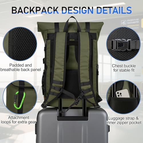 Kasqo Rolltop Backpack, Water-Resistant Backpack with Laptop Compartment for 15.6 Inch Computer Men Women 26L-33L Daypack - color: Military Green