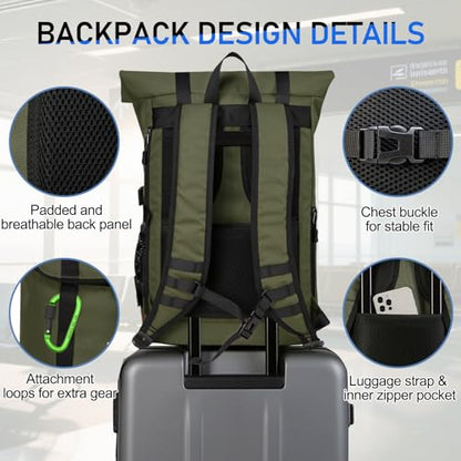 Kasqo Rolltop Backpack, Water-Resistant Backpack with Laptop Compartment for 15.6 Inch Computer Men Women 26L-33L Daypack - color: Military Green