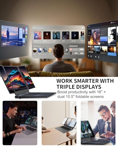 Triple Screen Laptop, 16" Main + Dual 10.5" Monitors, Core i7-12700H | 16GB RAM, 1TB SSD, Win 11 Pro, Wi-Fi 5, BT 5.0, Face & Fingerprint Unlock, USB-C, HDMI