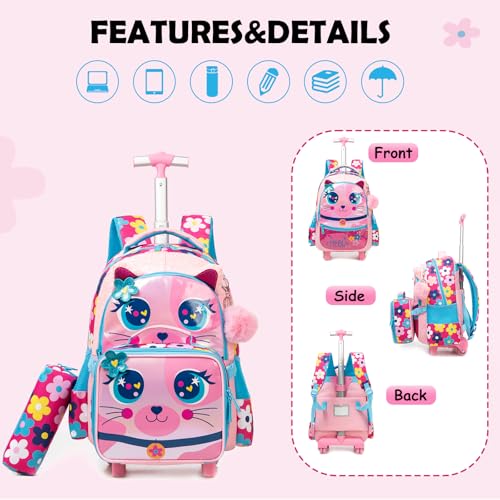 Kids Big-Eyed Cat Rolling Backpack for Girls, School Bags Pink | Trolley Suitcases Luggage Travel with Wheels, Wheeled 3PCS Roller Backpacks Set, Toddler Back Pack, School Bags Elementary - color: Pink-0121-maomi