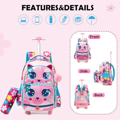 Kids Big-Eyed Cat Rolling Backpack for Girls, School Bags Pink | Trolley Suitcases Luggage Travel with Wheels, Wheeled 3PCS Roller Backpacks Set, Toddler Back Pack, School Bags Elementary - color: Pink-0121-maomi