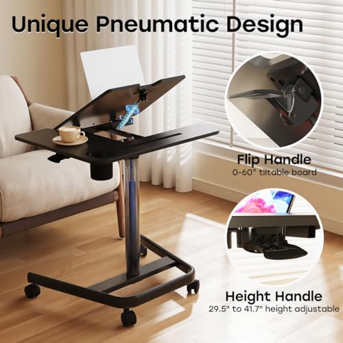 JOY worker Rolling Standing Desk, 60° Tiltable Mobile Laptop Desk, Black | Pneumatic Height Adjustable Cart, Portable Stand Up Desk with Wheels & Cup Holder for Office Home School, Holds Up to 22lbs - color: Black