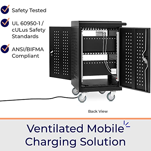 Line Leader 30 Unit Mobile Charging Station Cart w/Locking Cabinet, Standing Computer Charger Stand for Tablets, Laptops, Chromebooks, 5-Min Assembly UL-Certified, ANSI/BIFMA Standard with Power Cord - size: 24.25" x 21" x 38"