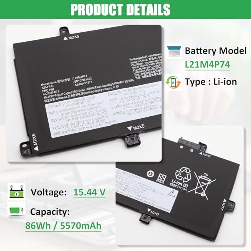 L21M4P74 Laptop Battery Replacement for Lenovo ThinkPad T16 Gen 1 ThinkPad T16 Gen 2 ThinkPad P16s Gen 1 Gen 2 Series Notebook L21D4P73 L21M4P73 L21C4P72 L21D4P72 L21L4P72 15.44V 86Wh - style: Battery L21M4P74