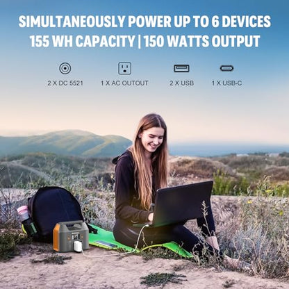 Solar Powered Generator 300W Peak/150W Rated, Portable Generator Power Station with Solar Panels 40W Included, 155Wh Solar Power Bank with AC Outlet 110V for Home Use Camping Outdoor Adventure