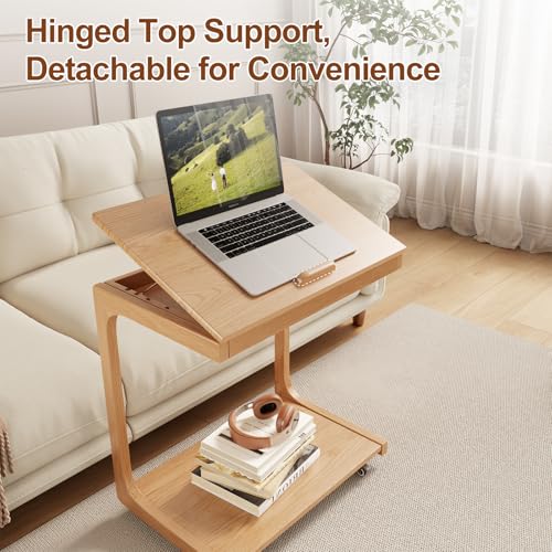 AQIMUELE Wooden C-Shaped End Table,Couch Table with Adjustable Desktop,Small Rolling Side Table with 2 Lockable Wheels 23.6" Width,Small End Table for Couch, Living Room,Bedroom (Natural) - color: Natural, size: 15.6"D x 23.6"W x 24.8"H, style: Modern 2 T