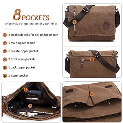 Unisex Messenger Bag Casual Canvas Bag Shoulder Sling Bag Satchel Messenger Bag for Men Work Office 13 inch Laptop Bag (Medium-Coffee) - color: Coffee