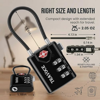 TRAVOCE TSA Approved Luggage Locks - Heavy Duty 3 Digit Combination Cable Lock, Search Alert for Suitcases, Backpacks, Golf Bags, Tents, Violin and Camera Cases, 10 Pack, Black - color: Black 10 Pack
